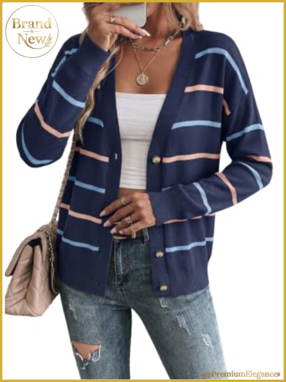 Striped Cropped Cardigan V-Neck Long Sleeve Knit Sweater